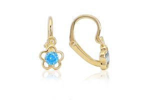 Arany baba fülbevaló elölkapcsos áttört virág világoskék kővel - Arany baba fülbevalók