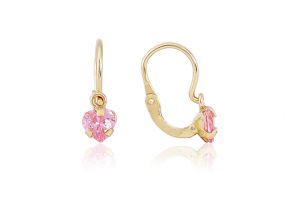 Arany baba fülbevaló elölkapcsos foglaltköves szívecske rózsaszín - Arany baba fülbevalók