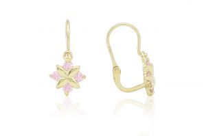 Arany gyermek fülbevaló elölkapcsos négy foglalt rózsaszín kővel - Arany baba fülbevalók