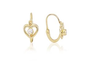 Arany gyermek fülbevaló elölkapcsos szívecske fehér kővel - Arany baba fülbevalók