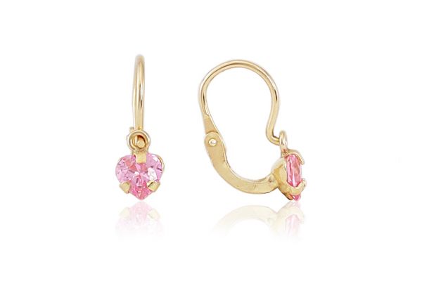 Arany baba fülbevaló elölkapcsos foglaltköves szívecske rózsaszín