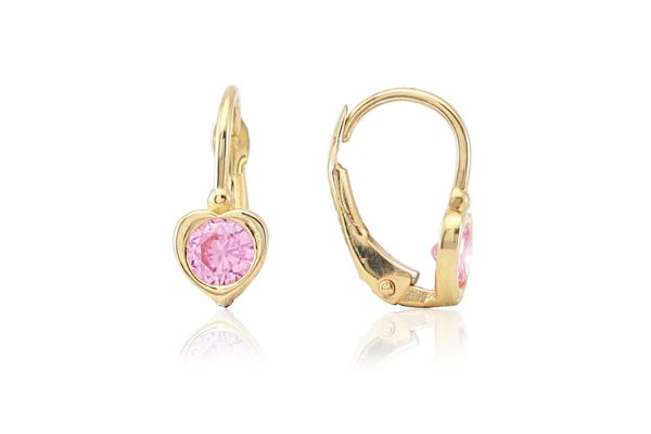 Arany baba fülbevaló patentzáras szívecske rózsaszín kő