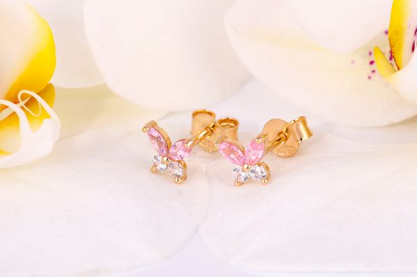 Arany baba és gyermek fülbevaló stekkeres pillangó rózsaszín és fehér kövekkel
