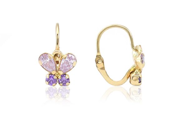 Arany gyermek fülbevaló elölkapcsos pillangó lila kövekkel